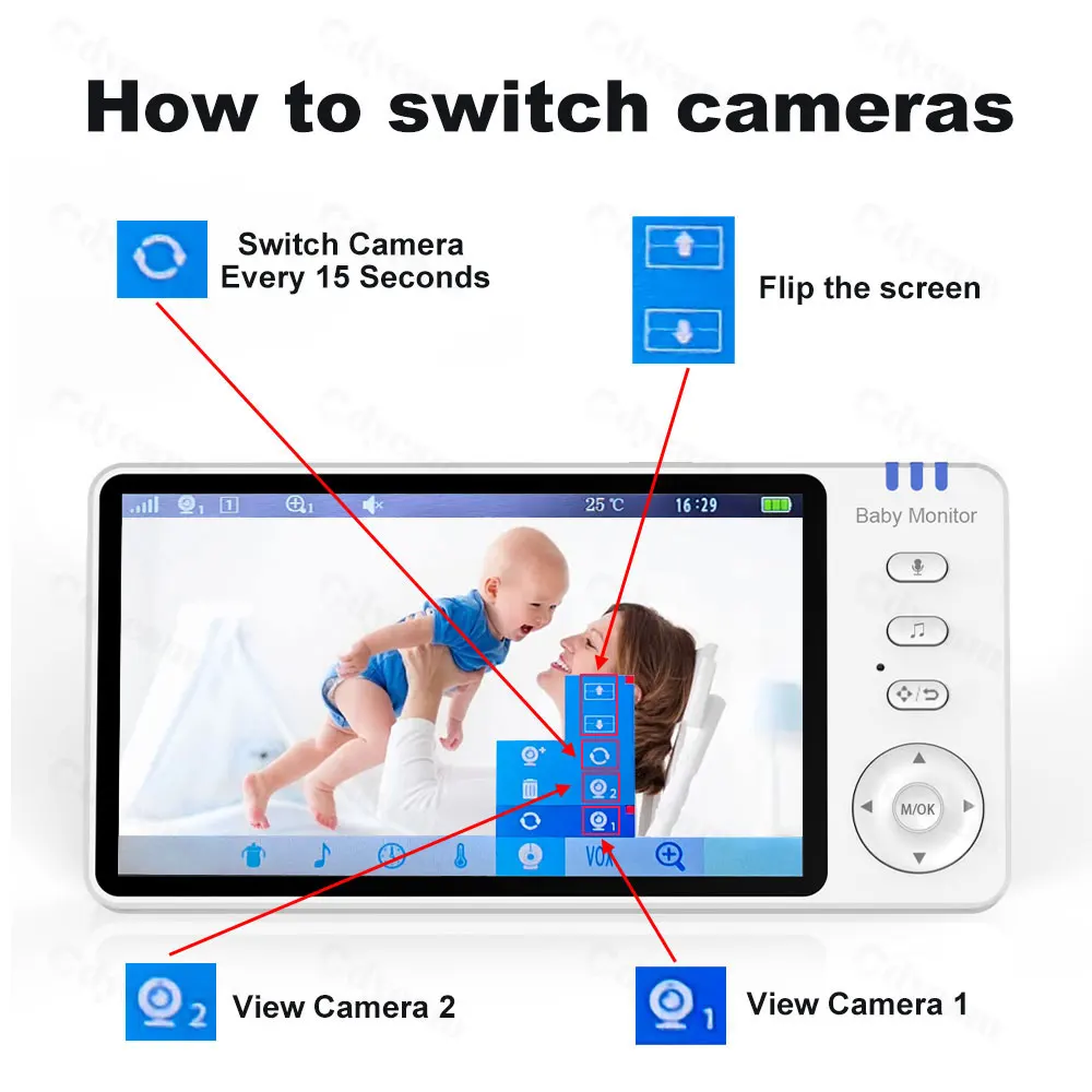 Baby Monitor 5 Inch video baby monitor Video With Pan Tilt Camera 2.4G Mother Kids Surveillance PTZ Video Cams Temperture Display Home Security Cam