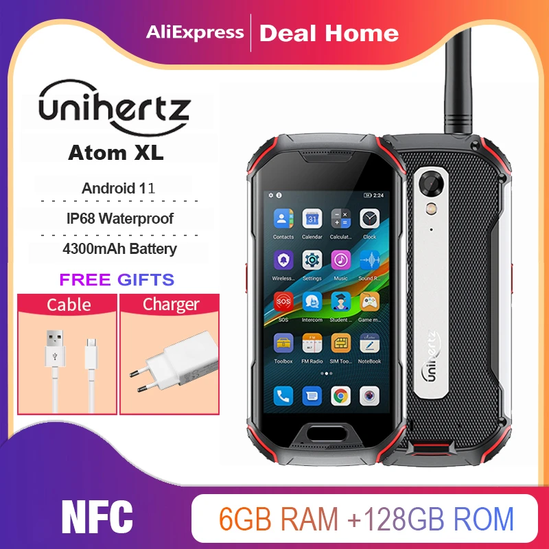 Unihertz 아톰 XL DMR 워키토키 러기드 휴대폰, IP68 방수, 6GB, 128GB, 안드로이드 11, 48 MP, 4300mAh, NFC 4G 핸드폰