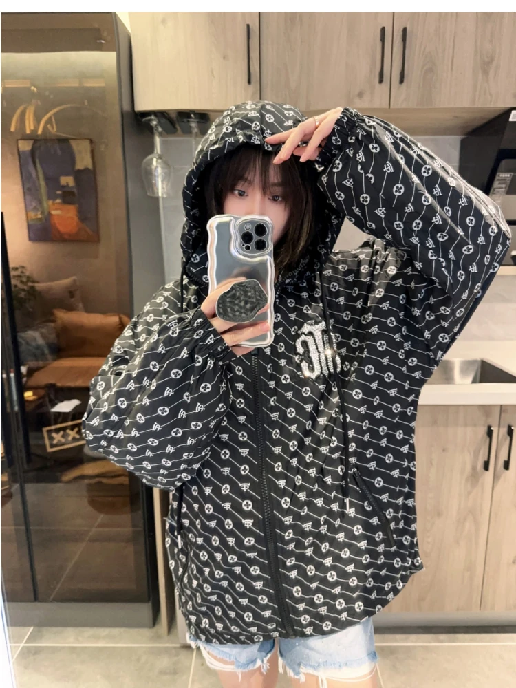 Fashion Brand Printing Rhinestone Sun Protection coat women 2023 Summer Light Thin and Loose Hooded Couple Long Sleeve Jacket