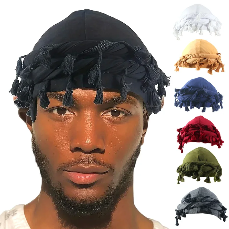 

New Men Hat Turban Punk Burr Trim Twisted Tail Fringe Cotton Bandana Hip Hop Cap Solid Color Head Wrap Beanie