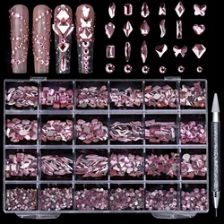 Diamond Nail Art Jewelry Set - 24 Grid Luxe Nail Decorations Pack (07 pink)