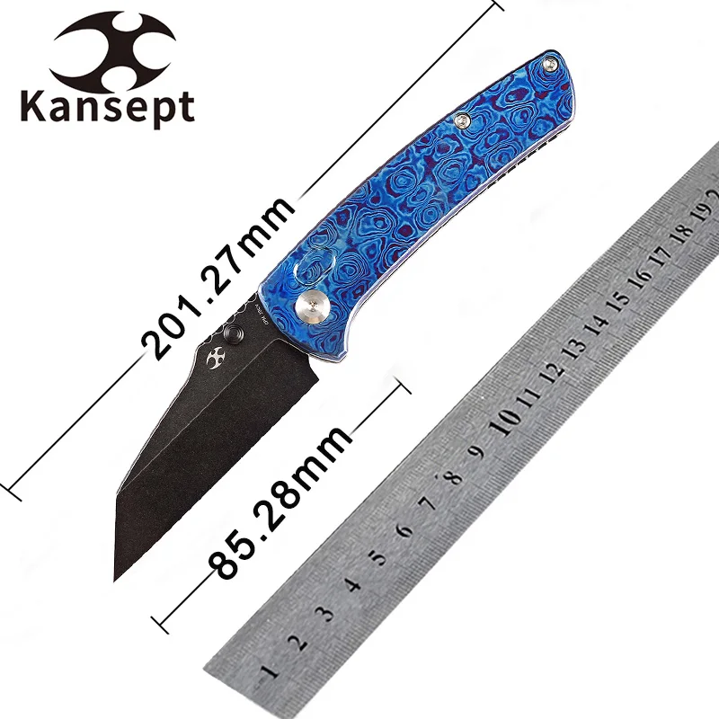 

Kansept Main Street K1015M1 Wharncliffe Folding Knife Black Stonewashed 20CV Blade with Timascus for Camping Hunting EDC Carry