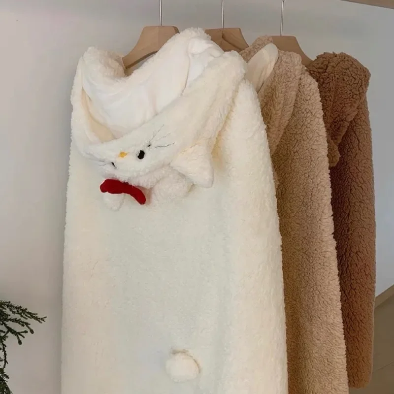 

Kawaii Sanrio Anime Hello Kitty Plush Shawl Cute Cartoon White Brown Blanket Sweet Hat Bow Knot Thickening Warm Lovely for Girls