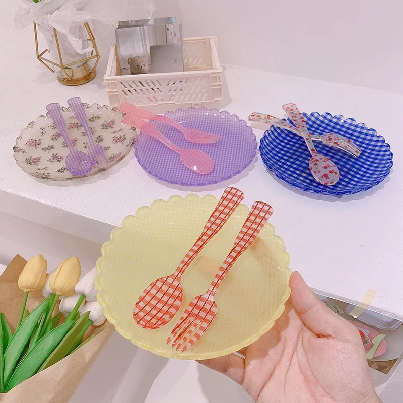 Plastic Dessert Tray Acrylic Cake Dish Grid Pattern Spork Floral Plates Decorative Wedding Party Birthday Fruit Plate Spoon Fork fruit plate,plastic dinner plates