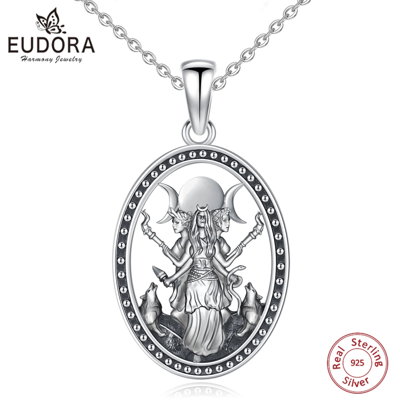 

Eudora 925 Sterling Silver Triple Moon Goddess Necklace Dog Hecate Amulet Pendant vintage Triple Goddess Jewelry Personality Gif