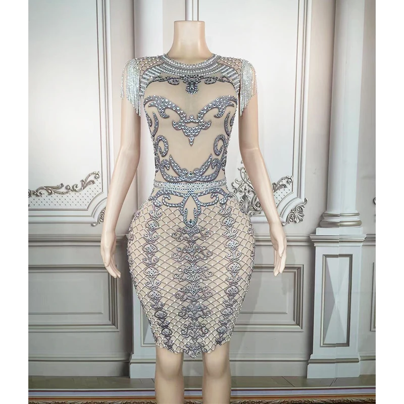 

Sparkly Silver Rhinestone Fringe Transparent Short Dress Birthday Chain Shoulder Outfit