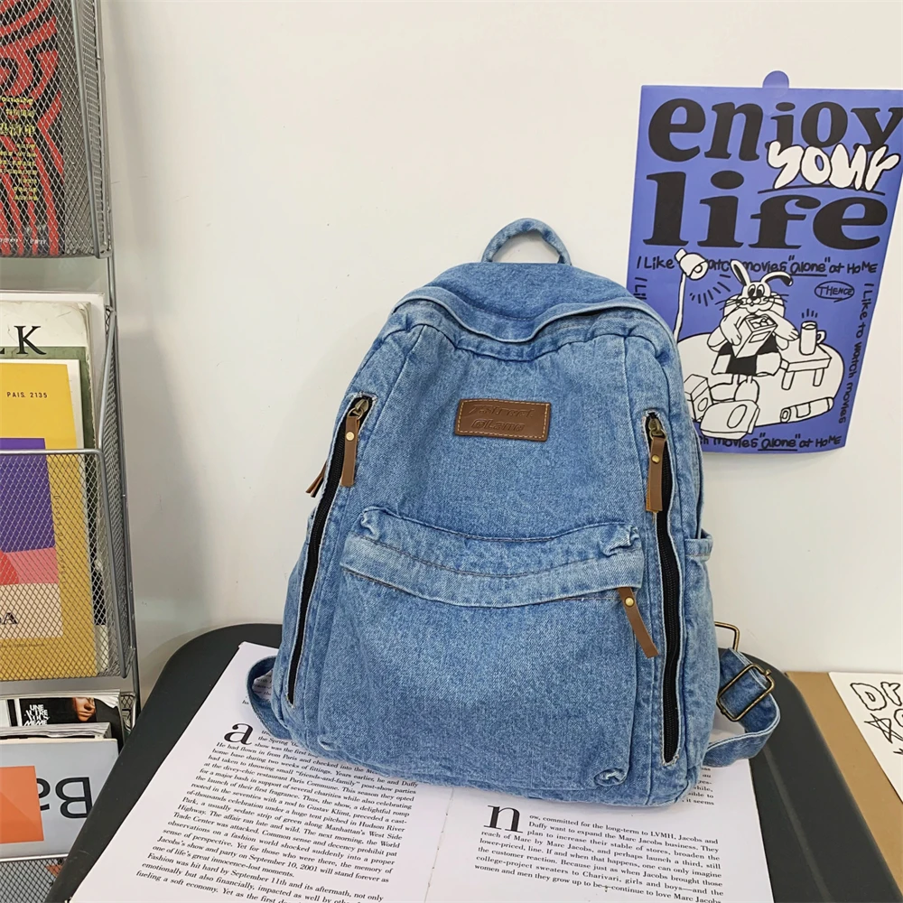 Denim school backpack view 5