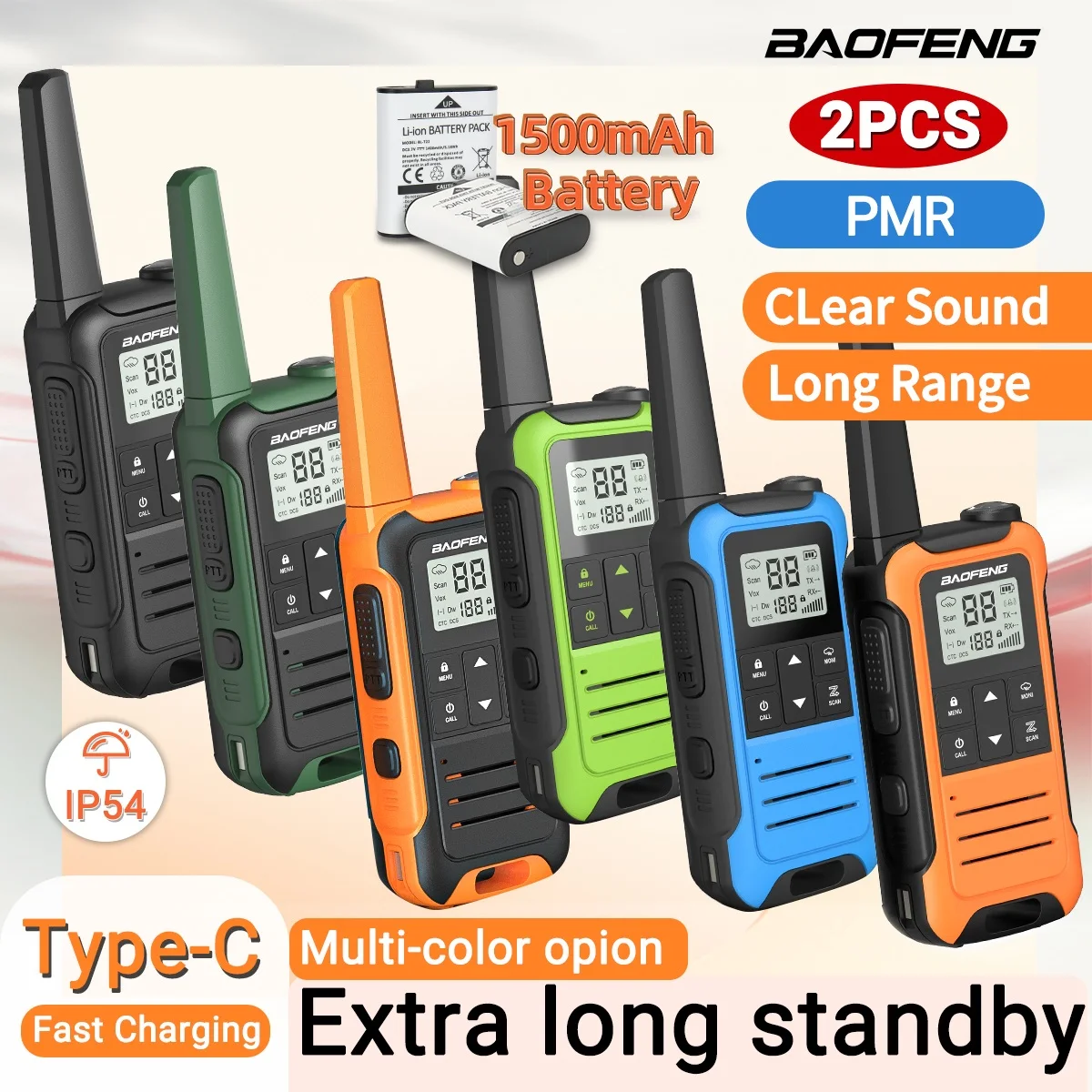 2PCS Baofeng F22 PMR 446 Mini talkie-walkie bidirectionnel avec charge Type-C, sans licence, lampe de poche, portable, pour le camping et la chasse 1