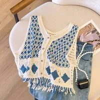 Knitted Vest Women  Spring Summer New Ethnic Style Diamond Plaid Sleeveless Seaside Vacation Hollowed Out Camisole Coats 2
