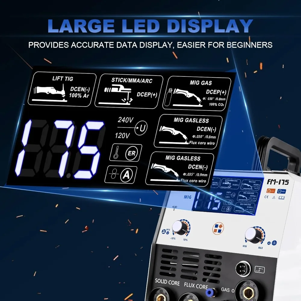 175Amp120V/240V Dual Voltage 5 in 1 Gas MIG/Gasless Flux Core MIG/Stick/Lift TIG/Spool Gun with LED Digital Display Update 2