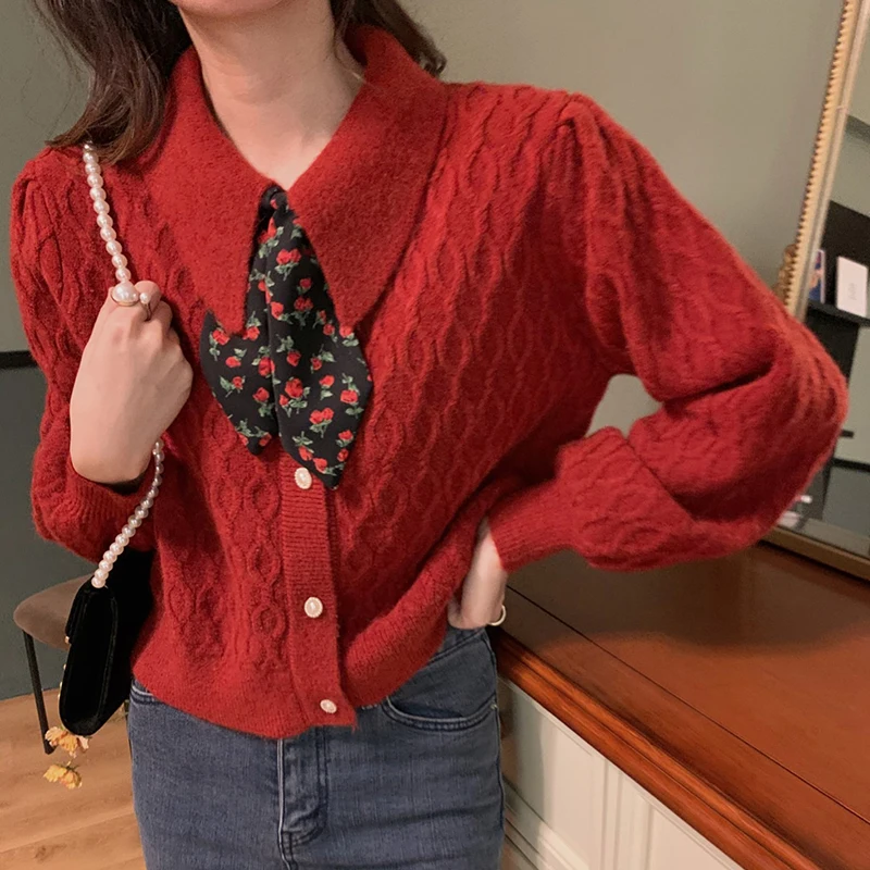 

Fall Winter Sweet Bow Kitted Cardigans Turn Down Collar Long Sleeve Twist Sweater Women Single Breasted Loose Casual Jacket I901