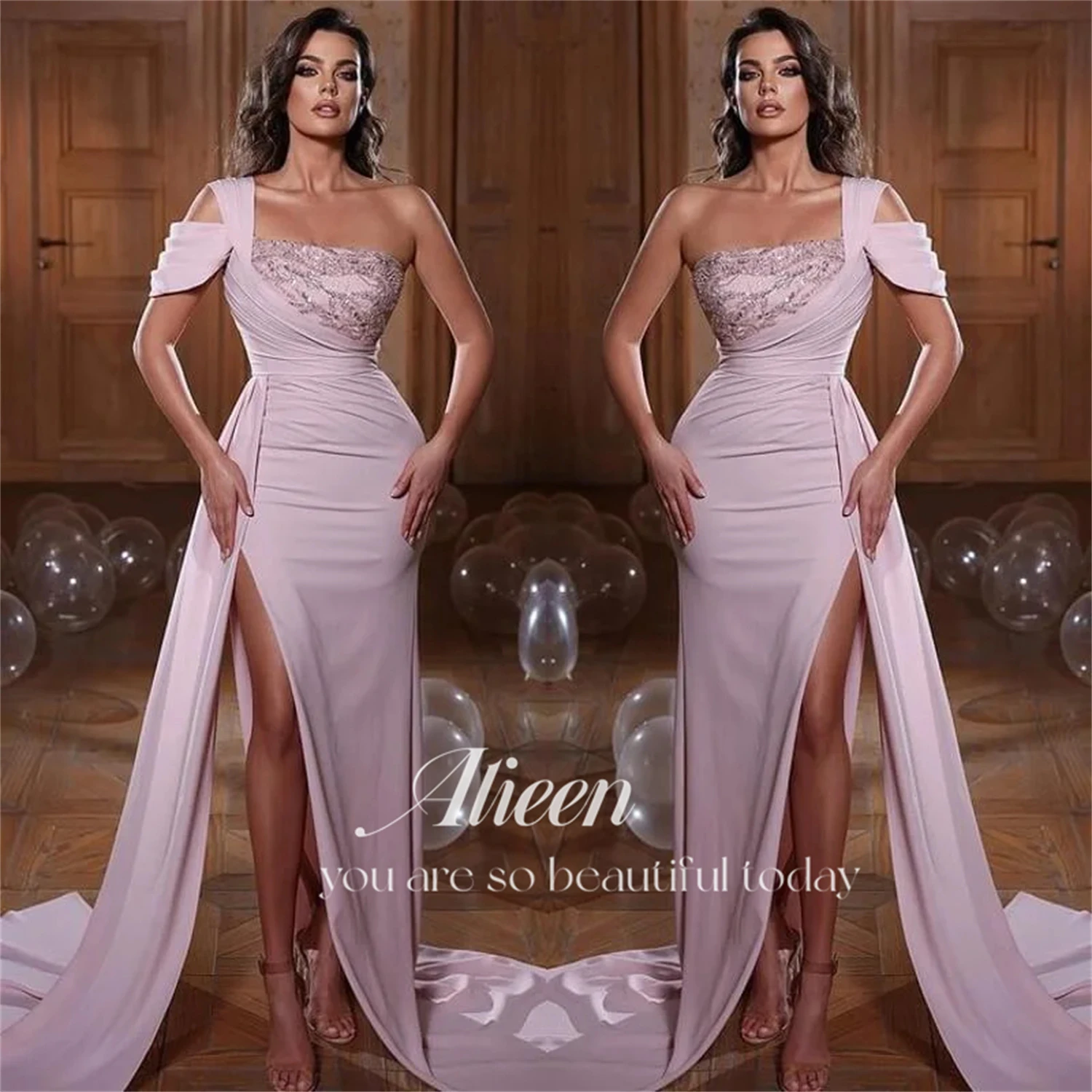 

Satin Arabic Evening Dress Party Evening Elegant Luxury Celebrity Ball Gowns Shoulder Sleeve Mermaid Womens Dresses for Prom