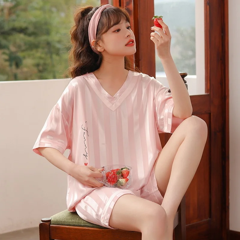 Spring And Autumn Pajamas, Women's Summer New Ice Silk Short Sleeved Shorts, Korean Version Large Thin Home Clothes pajama sets