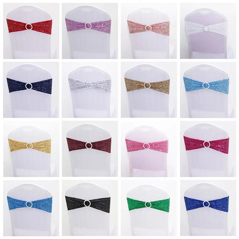 

50 шт./лот блестящие стулья с блестками и поясом, Стрейчевые стулья с бантом, лента с круглой пряжкой для оформления отеля, для свадебного декора