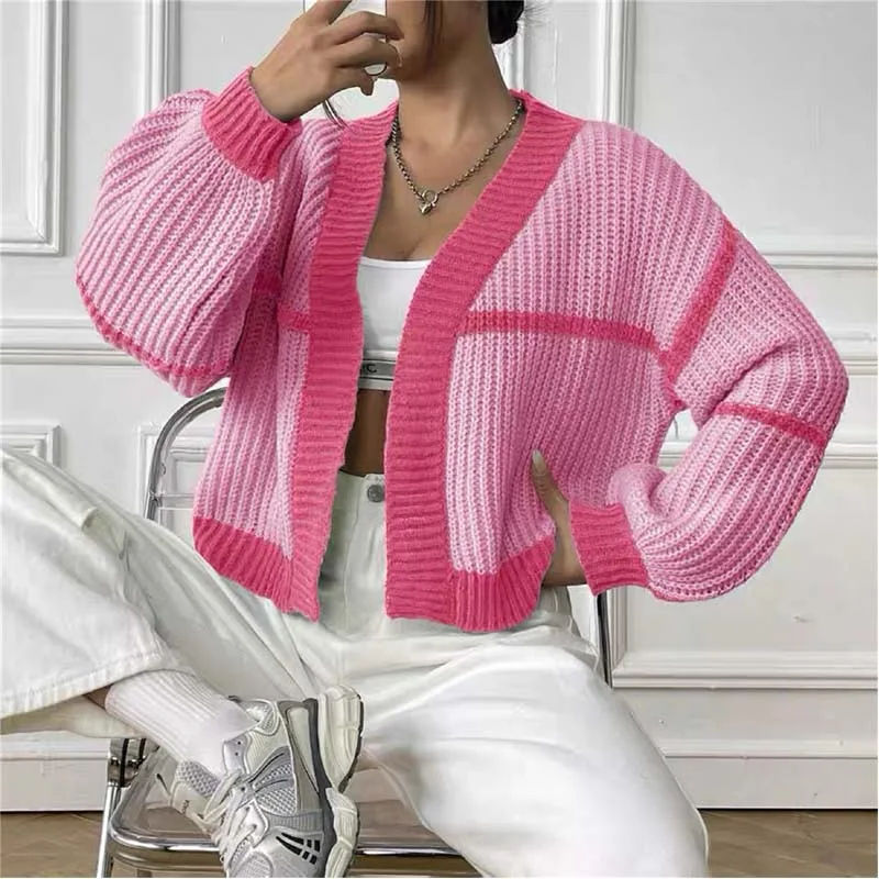 Autumn and Winter Fashion Women's Lantern Sleeve Contrasting Sweater 2025 New Cardigan Short Casual Sweater Jacket Knitwear
