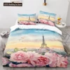 Paris Eiffel Tower Themed Couple Duvet Cover Set Cityscape Comforter Cover Romantic Polyester Bedspread Cover Pink Floral King 1