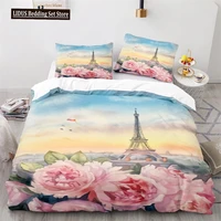 Paris Eiffel Tower Themed Couple Duvet Cover Set Cityscape Comforter Cover Romantic Polyester Bedspread Cover Pink Floral King 1