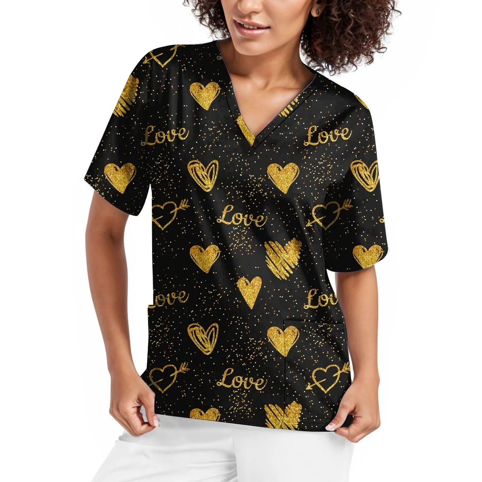 

Valentines Day Medical Uniform Scrubs Short Sleeve Heart Printed Top Nursed Working T Shirts Blouse With Pockets Workwear