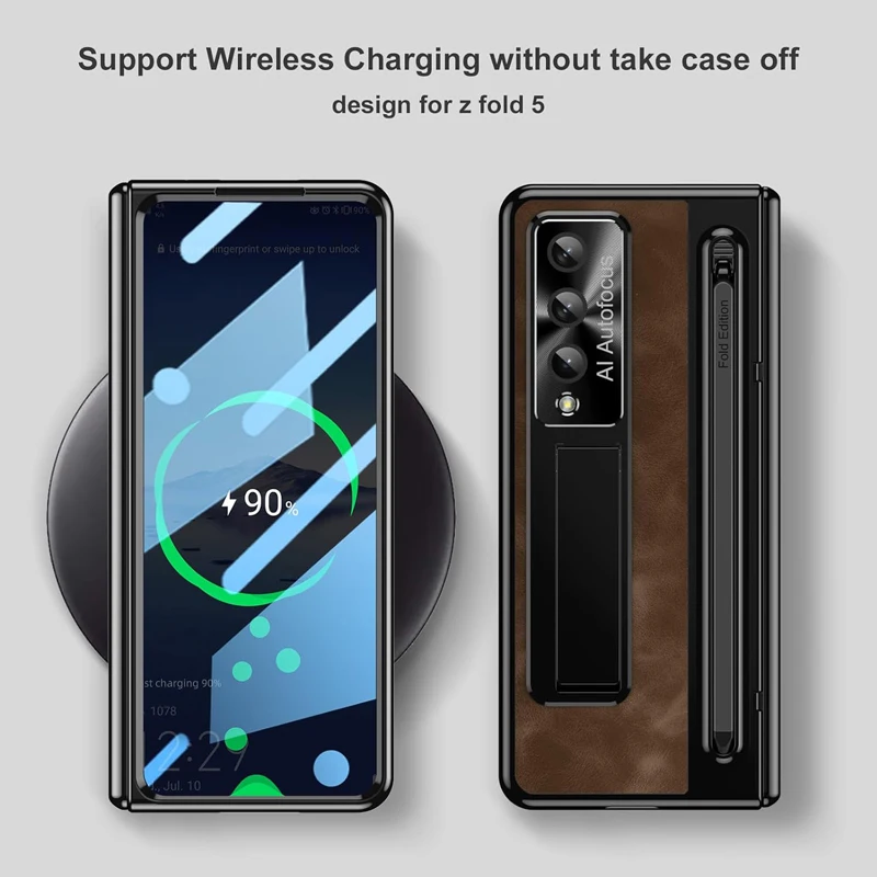 For Samsung Galaxy Z Fold 5 4 Phone Case Leather Stand & Pen Slot with Stylus Glass Screen Hinge Protection For Z FOLD45 Cover