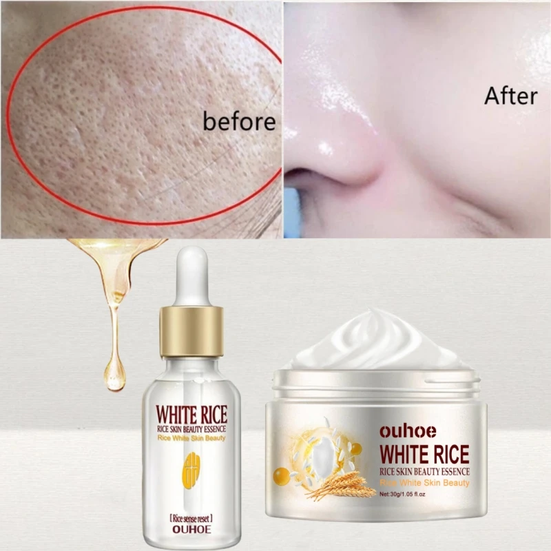 

White Rice Whiten Face Moisturize Serum Remove Wrinkle Fine Lines Refining Cream Shrink Pore Brighten Dull Melanin Skin Care Set