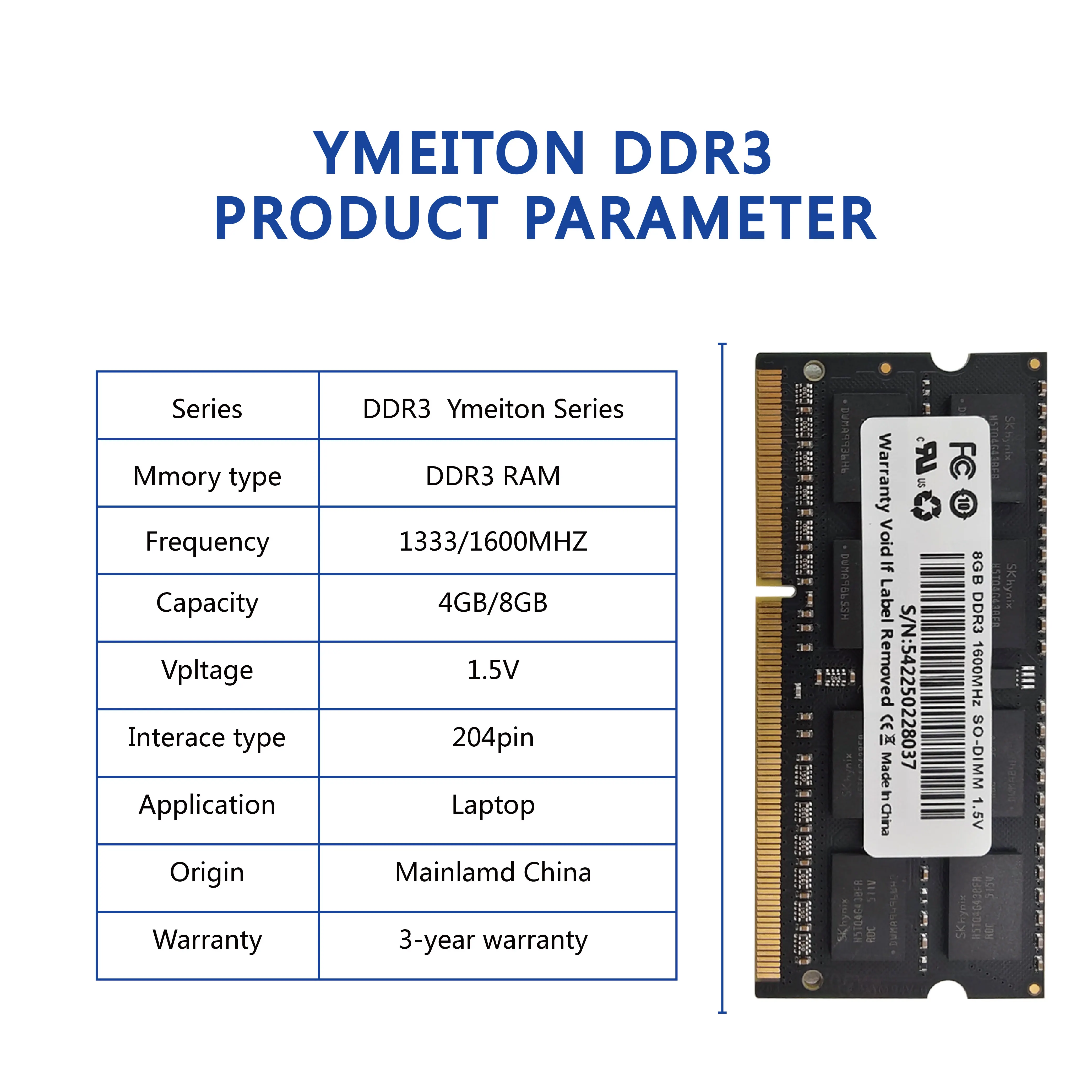 Ymeiton 블랙 노트북 DDR3 메모리 노트북 DDR3 1333MHz 1600MHz 4GB 8GB SO-DIMM RAM DDR3L 204핀 1.5v 노트북 메모리 도매