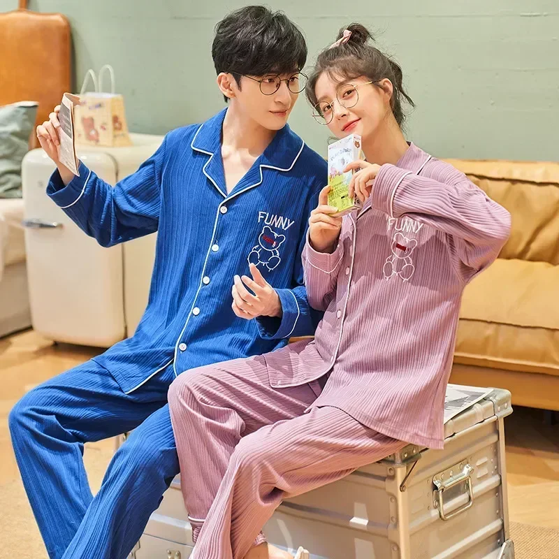 

Leisure Fashion Couple Autumn Spring Kinitted Pajamas Women for Pjs New Men Sleepwear Pijamas Sets Set Pyjama Ins Cotton