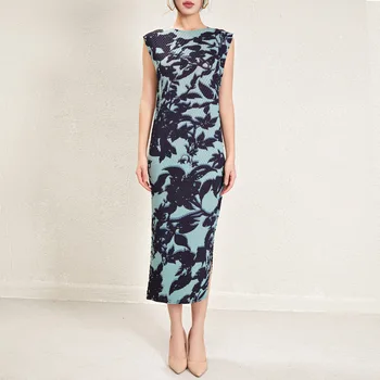 2025 Pleated Dress Printed Shift Dress Sleeveless Women's Casual Dress Miyake Pleated Summer Natural Polyester 1
