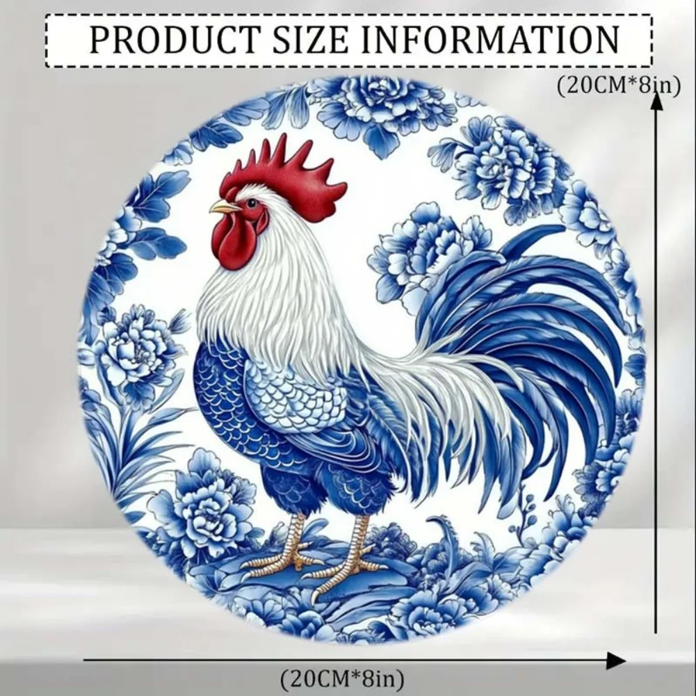 레트로 수탉 알루미늄 벽 장식 - 1개 2D 플랫 블루 & 화이트 도자기 스타일, 닭 장 꽃무늬 장식 접시, 사무실용
