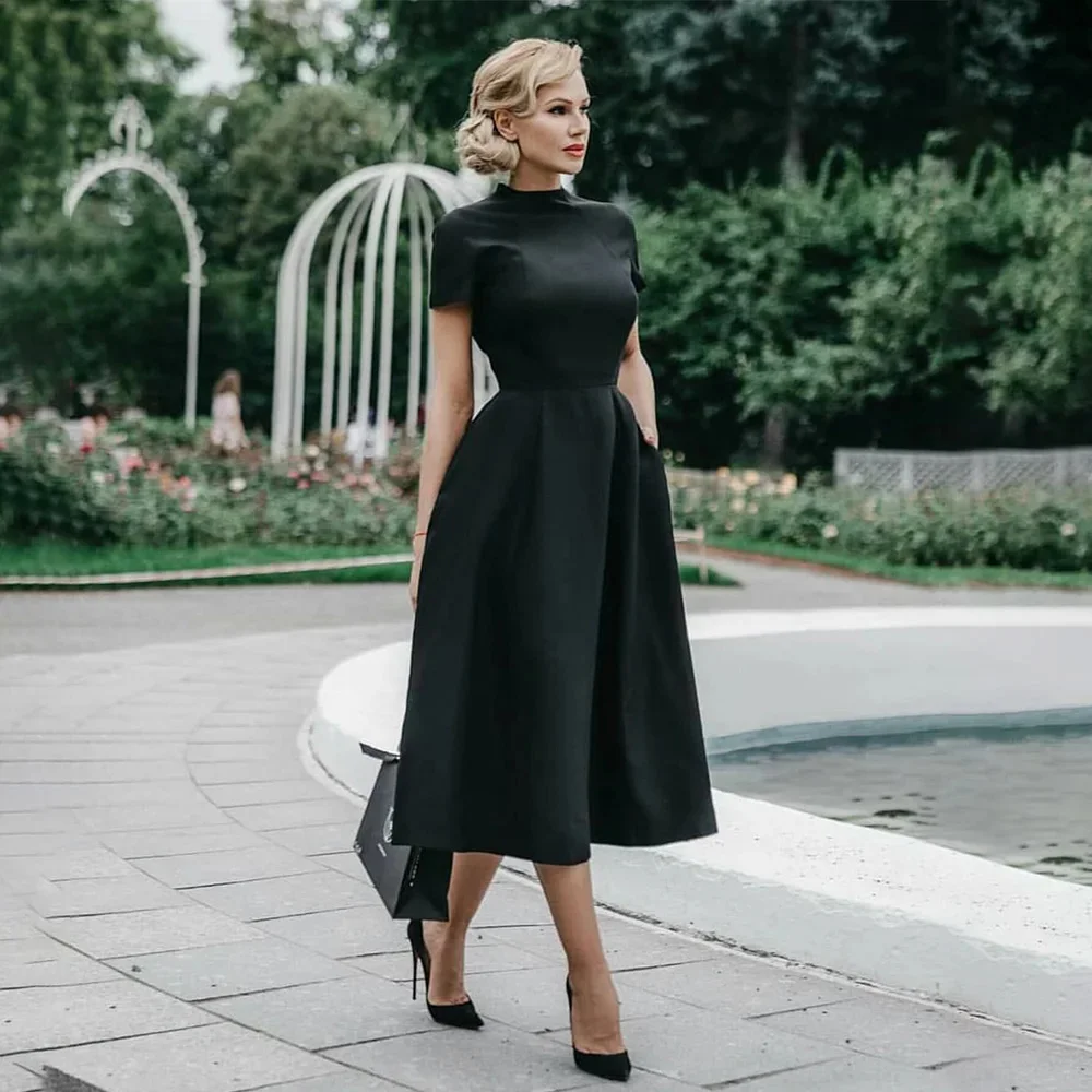 

Vintage Elegant Black Half Neck High Waist A-line Slim Fit Office Women's Solid Color Summer Dress New