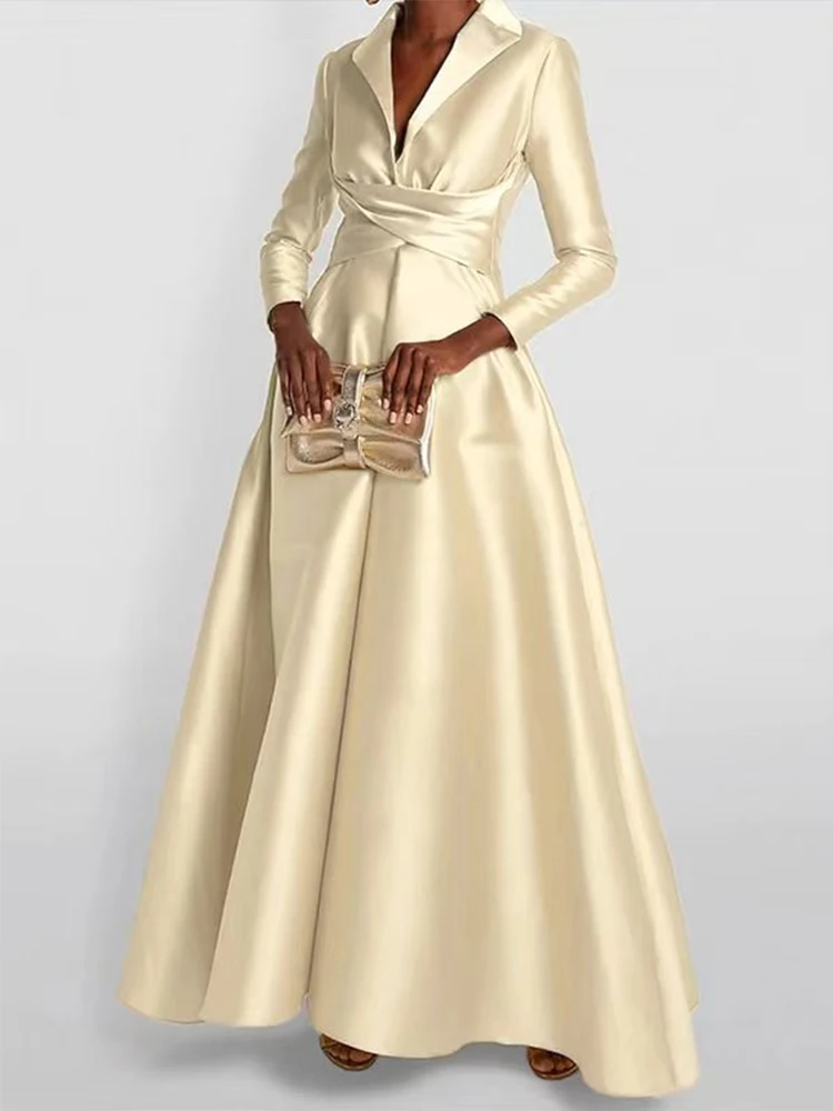 Wrinkled Acetate Satin V-Neck Maxi Dress