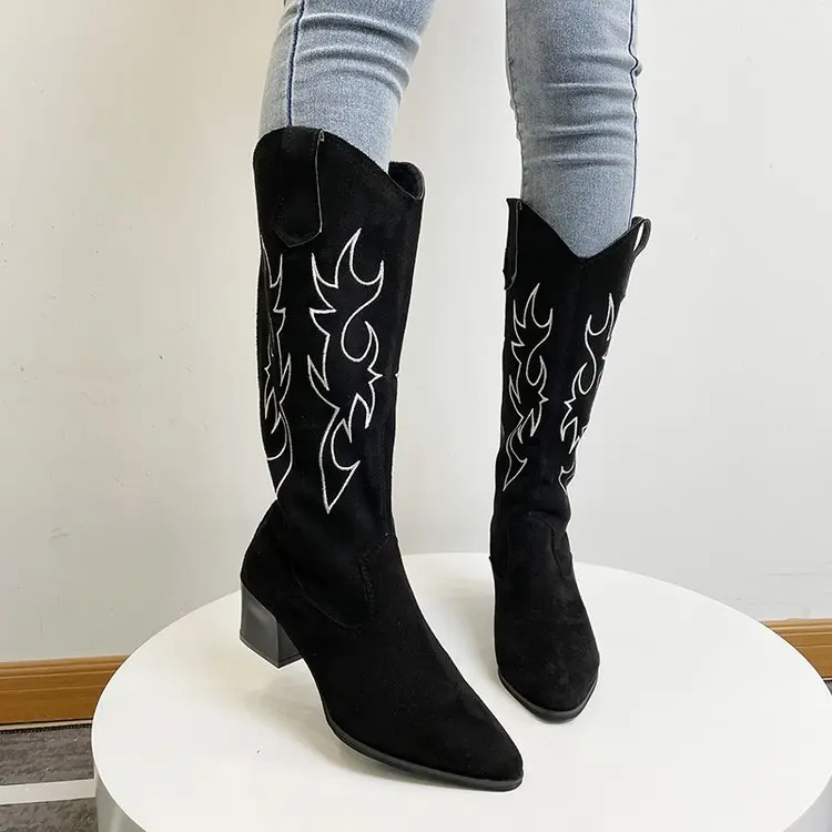 Fashion Retro Ethnic Style Mid-boots 2022 New Autumn and Winter Suede Western Cowboy Embroidery Thick-heeled Knight Boots