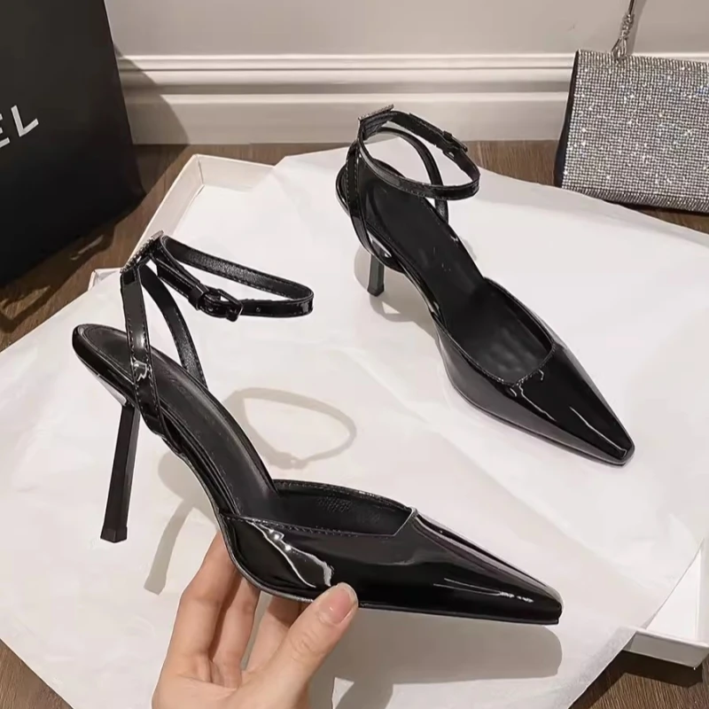 

Summer new pointed shallow mouthed patent leather rhinestone single shoe slim high heel banquet dress versatile women's sandals