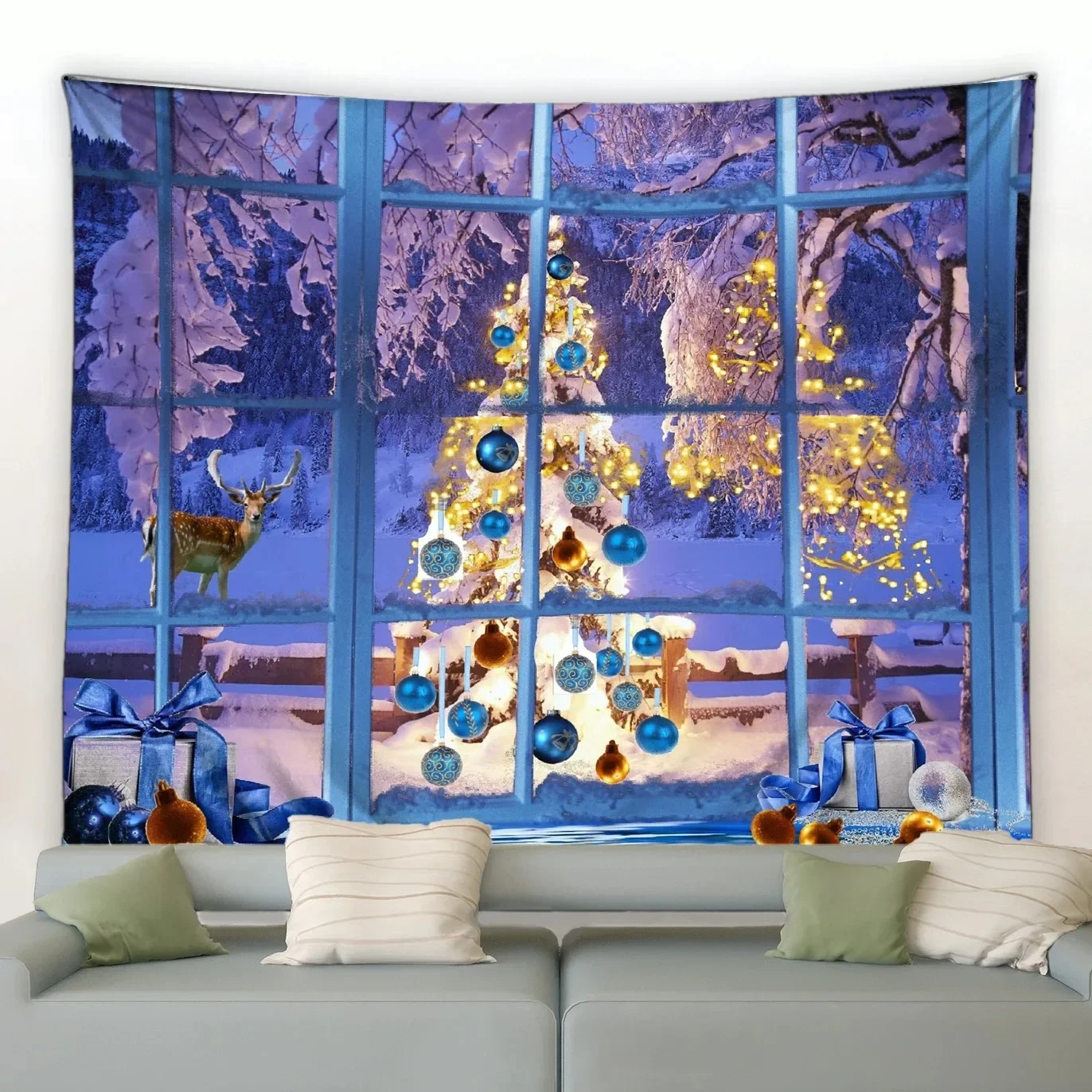 ABAKUHAUS Arazzo Natalizio Con Albero Invernale - Tappezzeria Da Parete 230x140 Cm In Microfibra Morbida, Stampato, Per Camera, Soggiorno, Dormitorio, Bianco E Rosso - 5