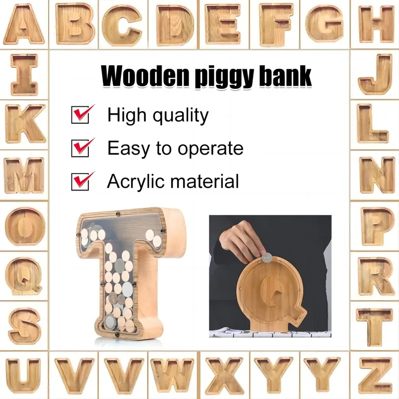 

Piggy Bank-Wood Gift For Kids Twenty-Six Letter Wooden Coin Money Saving Box Jar Coins Storage Box Desktop Decoration Home Decor