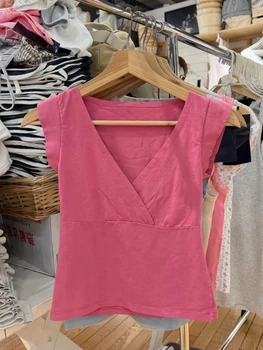 New Rose Red Slim Crop Top Woman Sexy V-neck Short Sleeve Cotton Cropped T-shirt Solid Casual Simple Sweet All-match Tee Tops 1