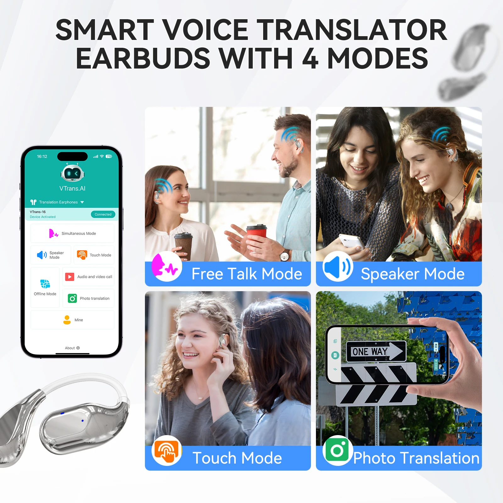 150-Language Earbuds Portable Real-time Translation Earphones High Accuracy Wireless Translator Device for Business Travel Study