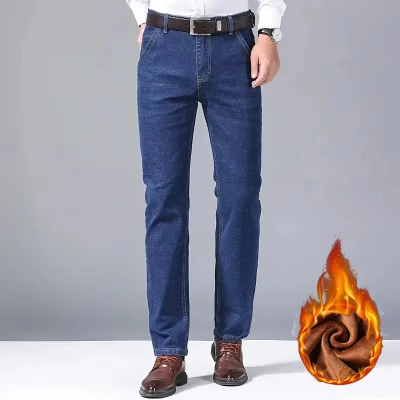2024 Winter New Casual Men's Warm Fleece Jeans Classic Style Business Thicken Fur Regular Fit Denim Pants Brand Plush Trousers 6
