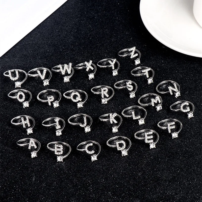 Zircon Initial A-Z Letter Ring For Women Metal Adjustable Opening Ring Name Alphabet Female Wedding Gift opening ring
