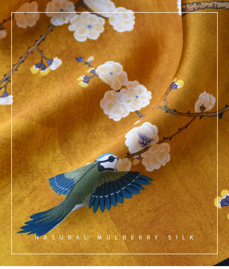 Schal aus Naturseide mit Pflaumenblüten-Aufdruck, Damen-Schals aus 100 % echter Seide, 50 cm, kleines quadratisches Stirnband für Mädchen, Damen, Geschenk, Frühling und Herbst – Detail 1