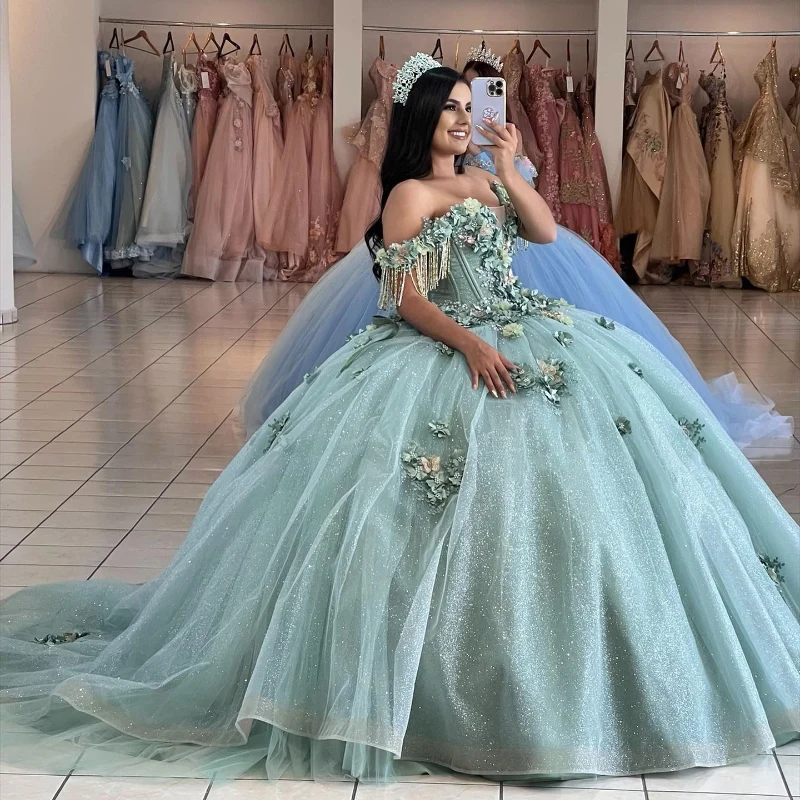 

Aqua Blue Princess Quinceanera Dresses Flower Applique Beads Ball Gown Sweet 15 16 Dress Vestidos De 15 Anos Quinceañera Pageant