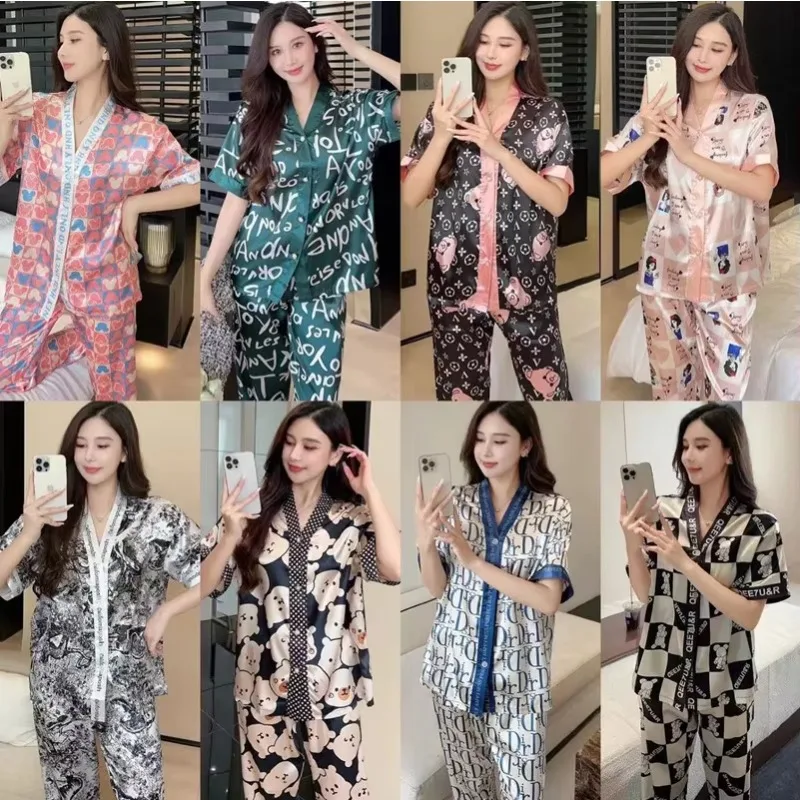 بيجامة من الحرير الجليدي المرأة الصيف قصيرة الأكما...