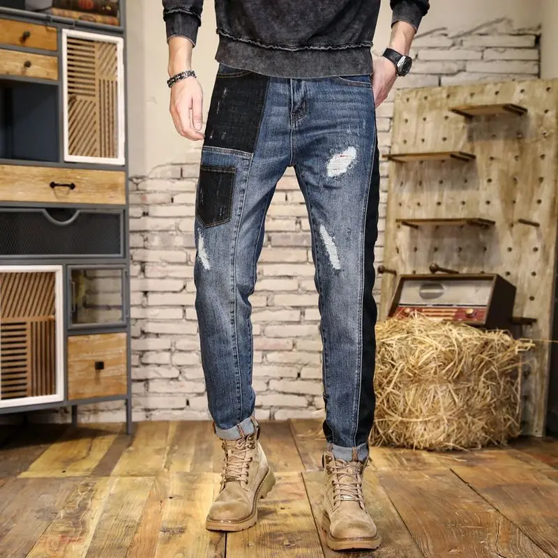 New Handsome Personalized Embroidery Print  Panel Contrast Light Blue Men's Jeans Vintage Stretch ripped Jeans cargo jeans