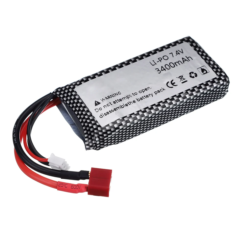 Batterie 7.4V 3400mAh pour voiture télécommandée, montrant l'étiquette et les spécifications.