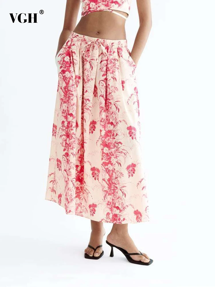 

VGH casaul floral printting skiret for women high waist patchwork pockets hit color loose a line skirt female fashion clothing