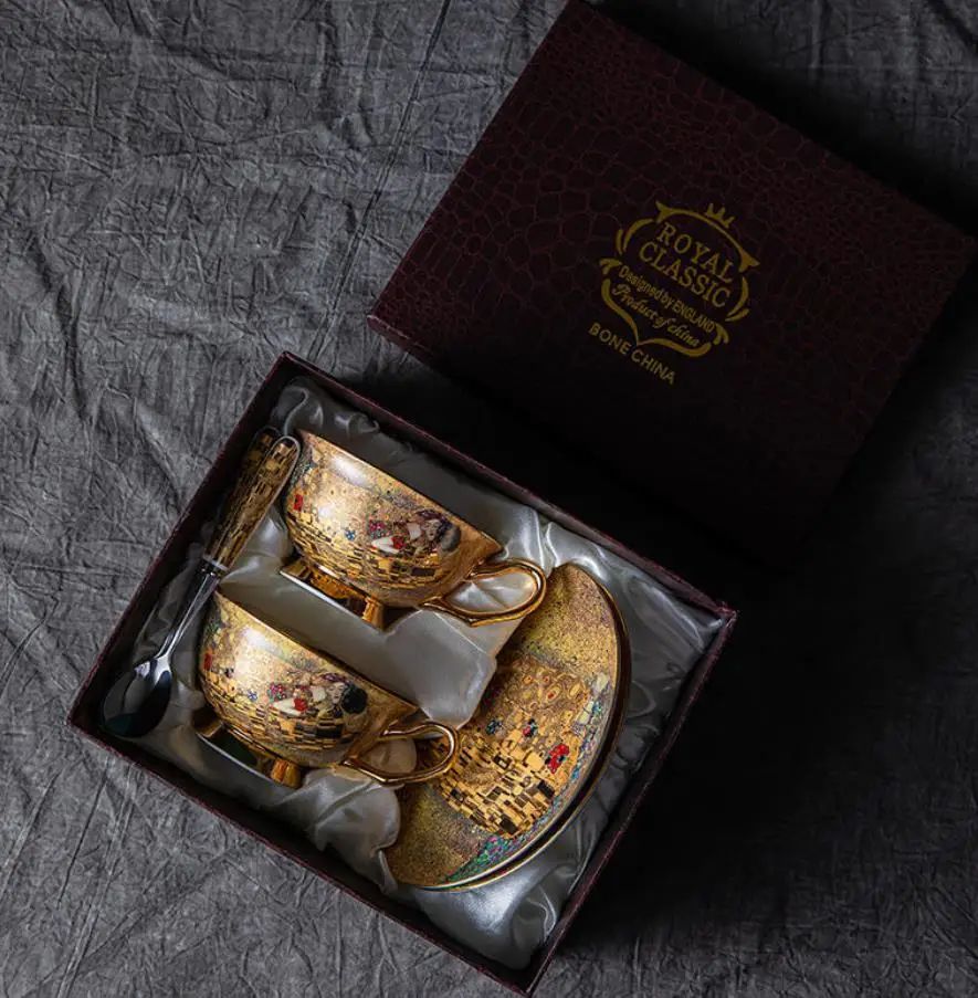 Coffee Mug Set Bone China Ceramic Tea set Klimt Kiss Luxury Gifts