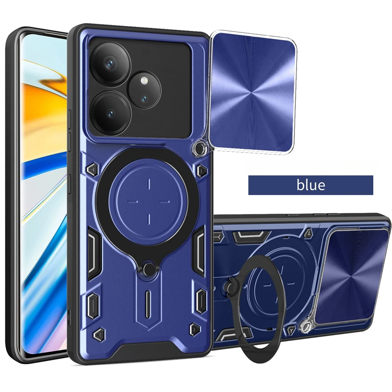 Enhanced Slide Lens Protect Phone Case with Armor Magnetic Holder and Ring Back Cover