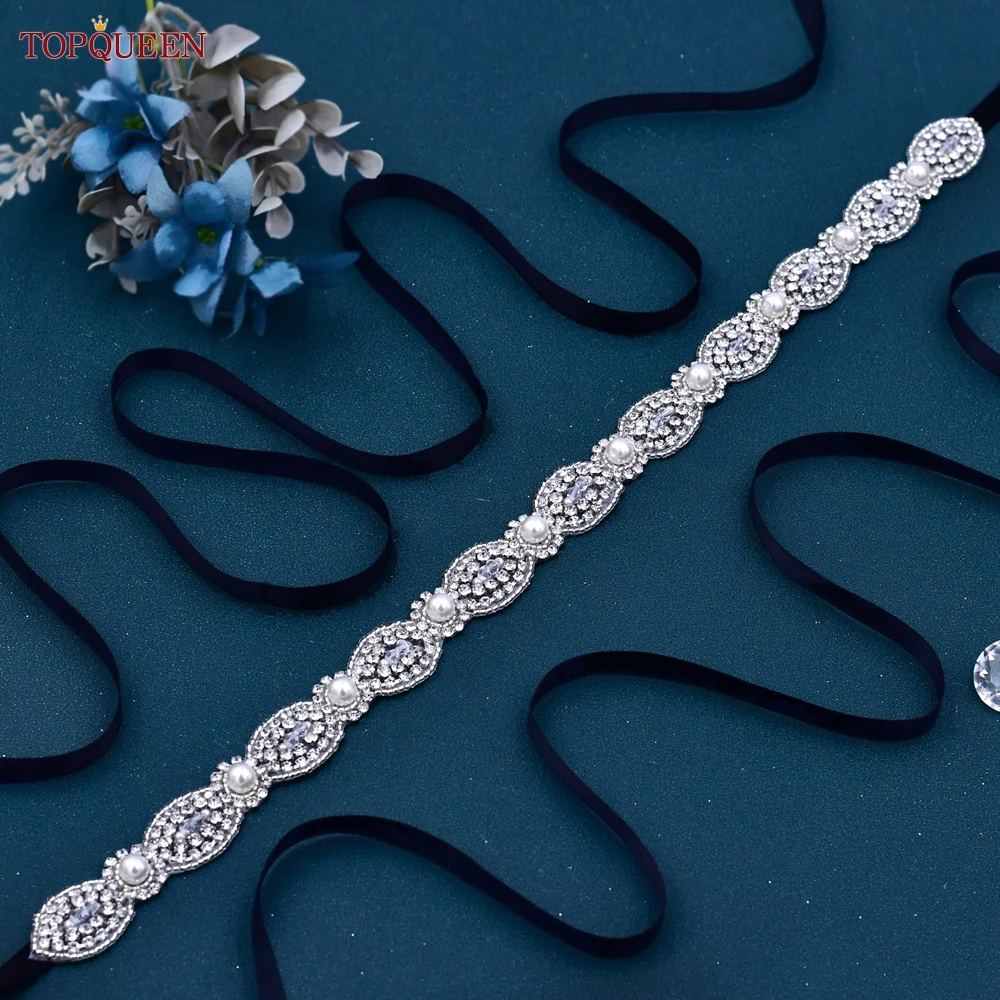 

TOPQUEEN New Style Wedding Dress Belts Silver Shiny Crystal Pearls Jeweled Sash Bridal Women Party Prom Evening Gown Belt S435