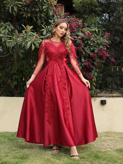 PLEINDI Vintage Evening Dresses Party Women Dress Wedding Long Sleeve O-Neck 2022 New Elegant Lace Corduroy Burgundy Red Prom picture color