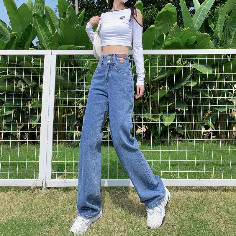 OUSSYU Y2K Woman Jeans High Waist Wide Leg Cotton Denim Clothing Blue White Streetwear Vintage Fashion Harajuku Straight Pants 2