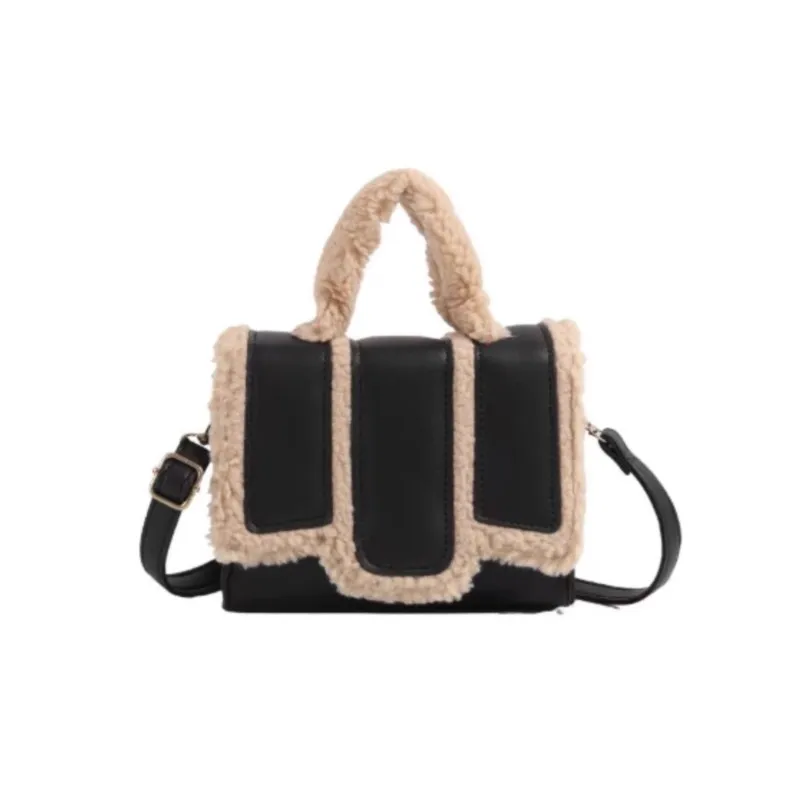 JIAERDI Black Shearling Handbag Women Minimalist Panel Leather Square Shoulder Bag Ladies Sweet Chic Versatile Crossbody Bag New